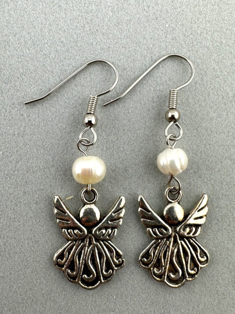 Freshwater Pearl Angel Earrings Double Sided Dangle Surgical Steel 2"